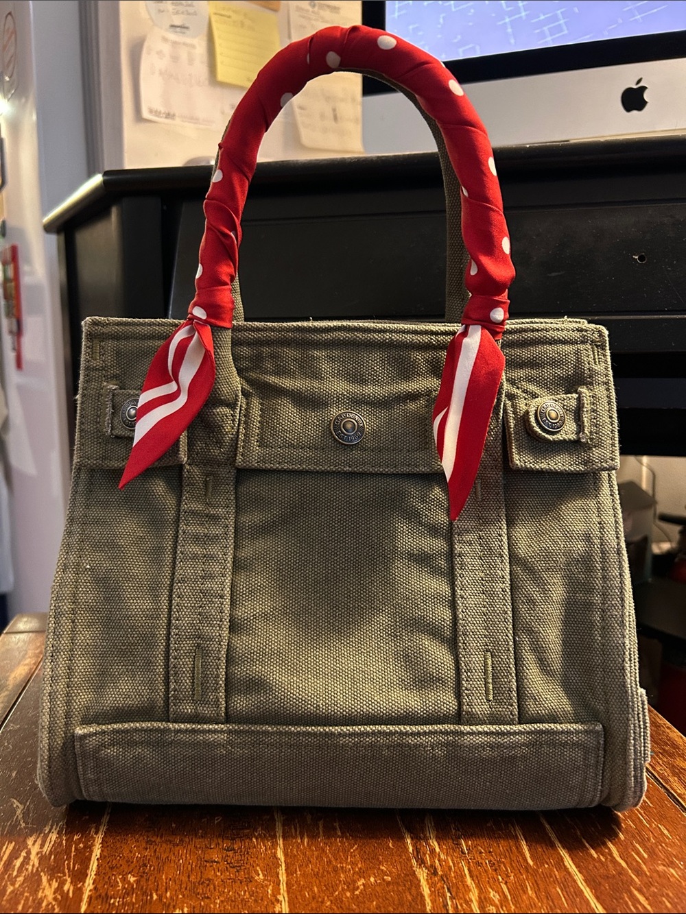 Olive Canvas Tote with Red Scarf-Wrapped Handles
